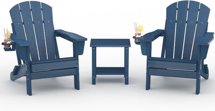 GarveeLife Folding Adirondack Chair Set of 2 with Side Table, All-Weather HDPE Outdoor Chair, Wooden Textured with Cup Holder for patios, Decks, Gardens, fire pits, Navy Blue