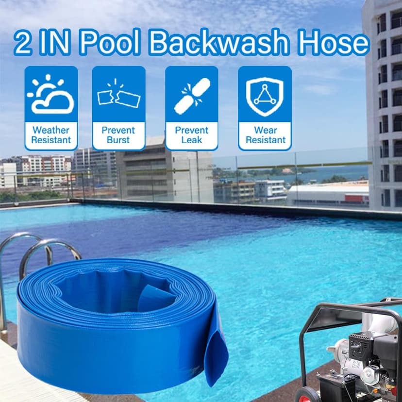 2" x100 FT, Pool Backwash Hose, Heavy-Duty PVC Hose, Lay Flat Discharge Hose, Weatherproof Burst Resistant for Water Transfer, Sump Pump, Pool Filter, Pool Drain,with 2 Clamps