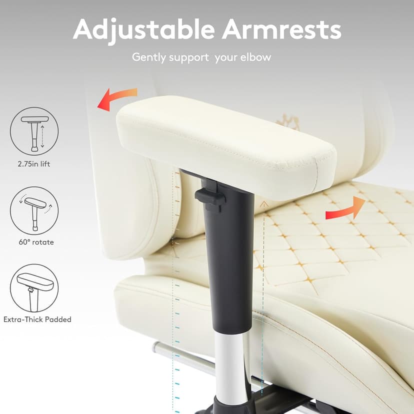 Gaming Chair,Computer Office Chair with Footrest,Massage Lumbar Support and Gel Pad,Ergonomic Reclining Leather Gamer Chair with Headrest,Adjustable Armrests and Spring Cushion Ivory