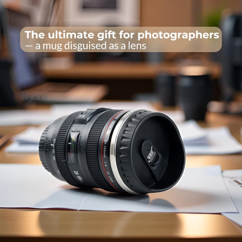 Camera Lens Coffee Mug with Slider Lid and Spoon– Realistic DSLR Thermos Cup, Novelty Gift for Photographers, Men & Women