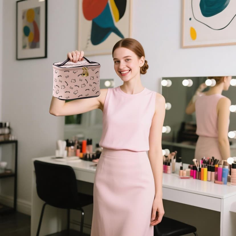 AmBealla Make up Bag Large Travel Cosmetic Bags Organizer with Brush Holder for Girl, Lightweight Cotton Toiletry Bag with Zipper for Women, Portable Makeup Case for Airplane/Home/Gym - Pink