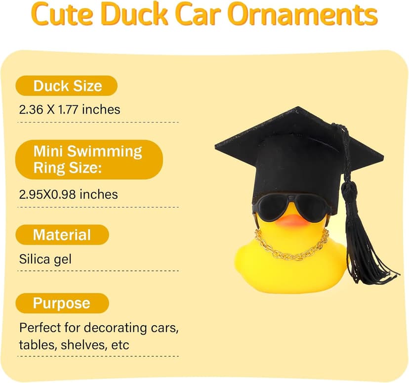 wonuu Car Dashboard Decor Graduation Hat Rubber Duck, Car Ducks Ornaments with Mini Hat Necklace Sunglasses Scarf (Black) B0CSYPZJK4