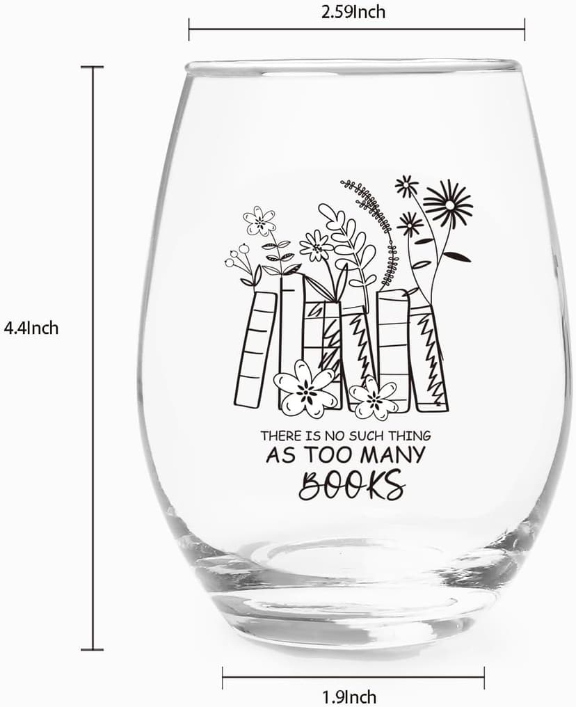 Jogskeor Book Lover Gift Stemless Wine Glass 15oz - There Is No Such Thing As Too Many Books Wine Glass for Book Lover, Birthday Christmas Gifts for Readers Bookworm Her Mom Him Dad Friend