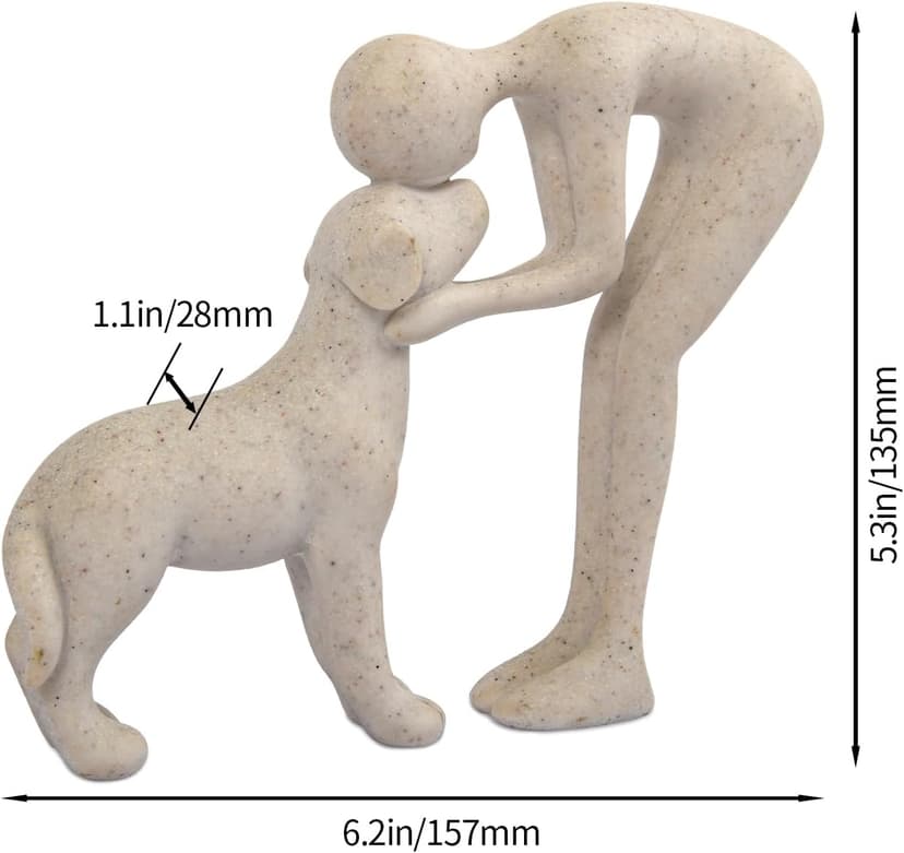 abstract sculpture celebrating the bond between person and pet. Intimate head-to-head Touching memory keepsake for dog lovers Abstract Person and Dog Head-to-Head Figurine Sandstone B0D9JVYT9V