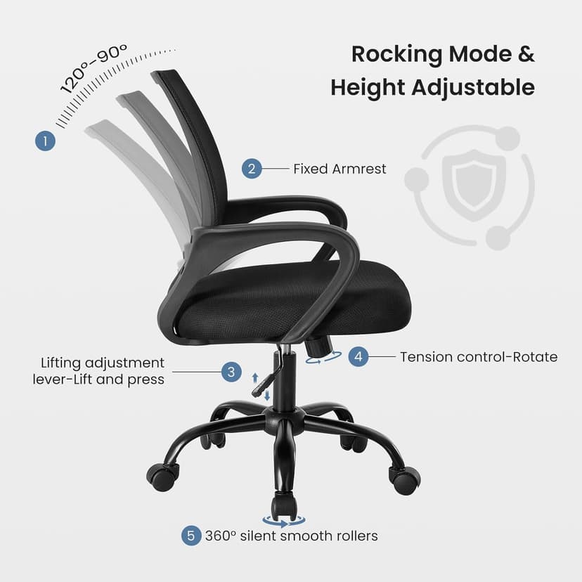 DUMOS Home Office Chair - Ergonomic Mid Back Mesh Desk Chair with Lumbar Support & Rocking Mode, Height Adjustable with Fixed Armrest, for Computer, Gaming, Meeting, 360° Swivel, Black