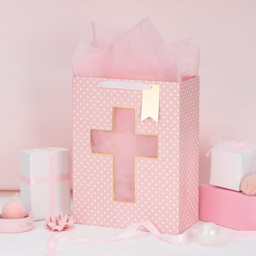 Loveinside Pink Gift Bag with Cross Design, Tissue Paper for Baby Girl Baptisms, Christenings, First Communions Religious Occasion- 10" x 5" x 13", 1 Pcs