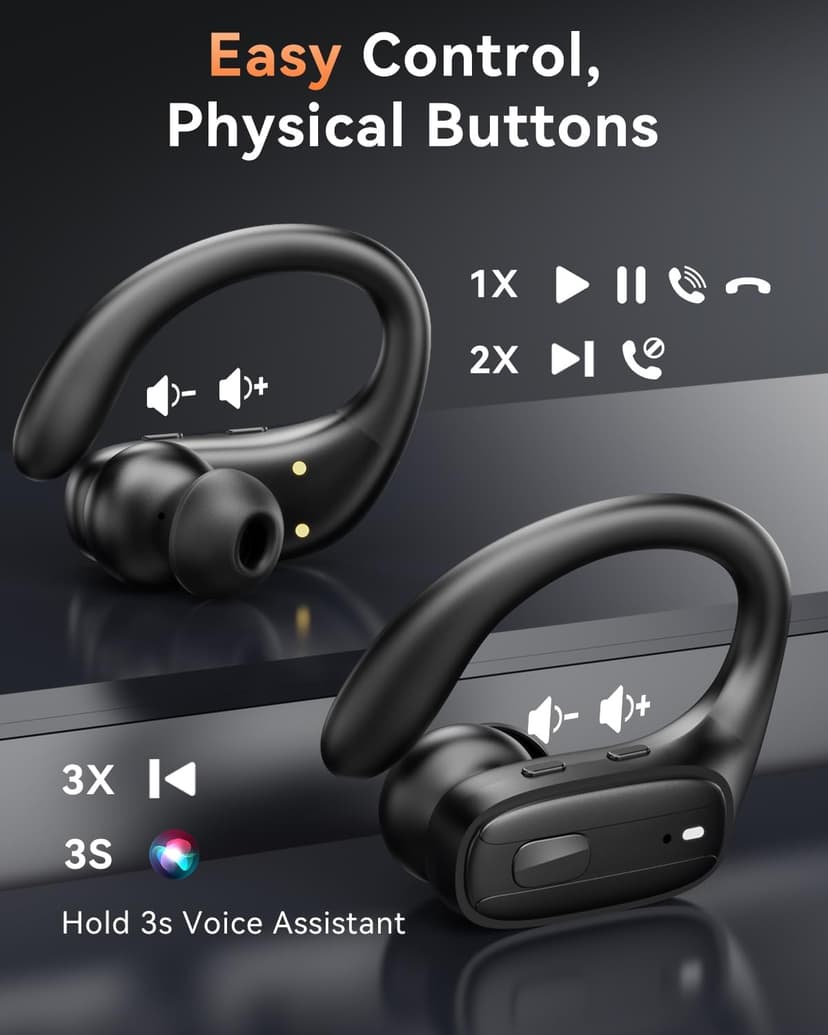 LEEMC Wireless Earbuds, Bluetooth Headphones 5.4, Ear Buds with Hooks for Sports, 80Hr Playtime Earphones, LED Display, IPX7 Waterproof Headset for Workout Running, Black