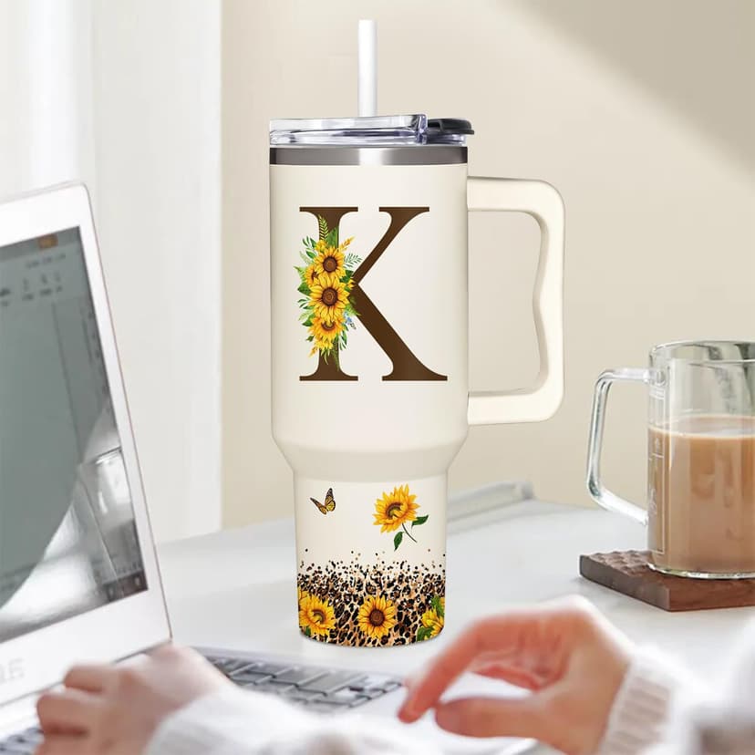 Personalized Birthday Gifts For Women - Sunflower Gifts For Women, Mom - Christmas Gifts For Womens, Mother's Day Gift For Mom, Boss - Monogrammed, Initial Tumbler Handle 40oz W Lids & Straws, K