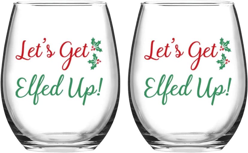Let's Get Elfed Up Christmas Wine Glass, 15 Oz Funny Stemless Wine Glasses for Women Friends Men, Gift Idea for Christmas Wedding Party, Set of 2