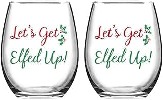 Let's Get Elfed Up Christmas Wine Glass, 15 Oz Funny Stemless Wine Glasses for Women Friends Men, Gift Idea for Christmas Wedding Party, Set of 2