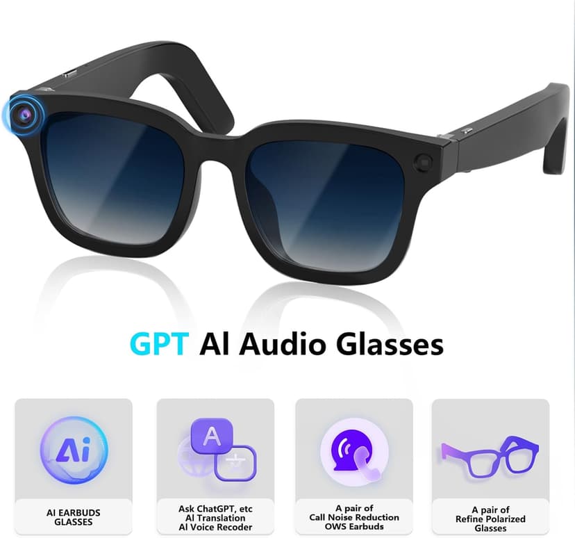 AI Smart Glasses with ChatGPT, 8MP Camera Glasses with Camera and Audio, AI Translation Sunglasses with 164 Languages, Bluetooth Sunglasses with Voice /Calling, 8-Hour Music Playback, Gradient Blue