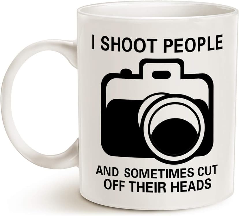 Funny Photographer Coffee Mug, I Shoot People and Sometimes Cut Off Their Heads Unique Gag Gifts for Photography Lover Cup White, 11 Oz