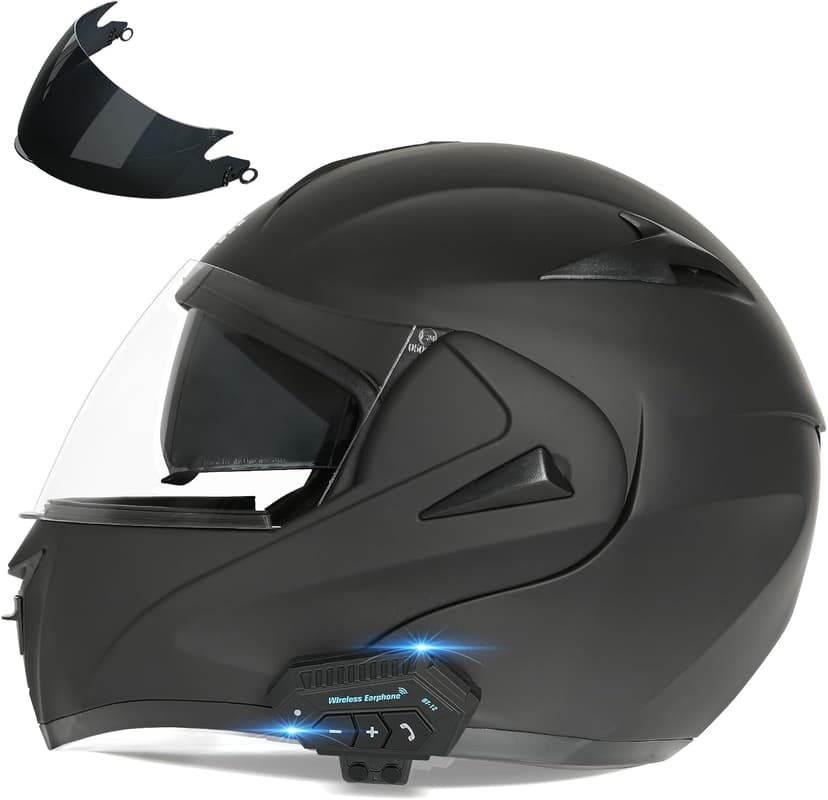 Motorcycle Bluetooth Modular Helmet, DOT Approved Dual Visor Full Face Flip up Bluetooth Integrated Motorcycle Helmets for Adults Men Women