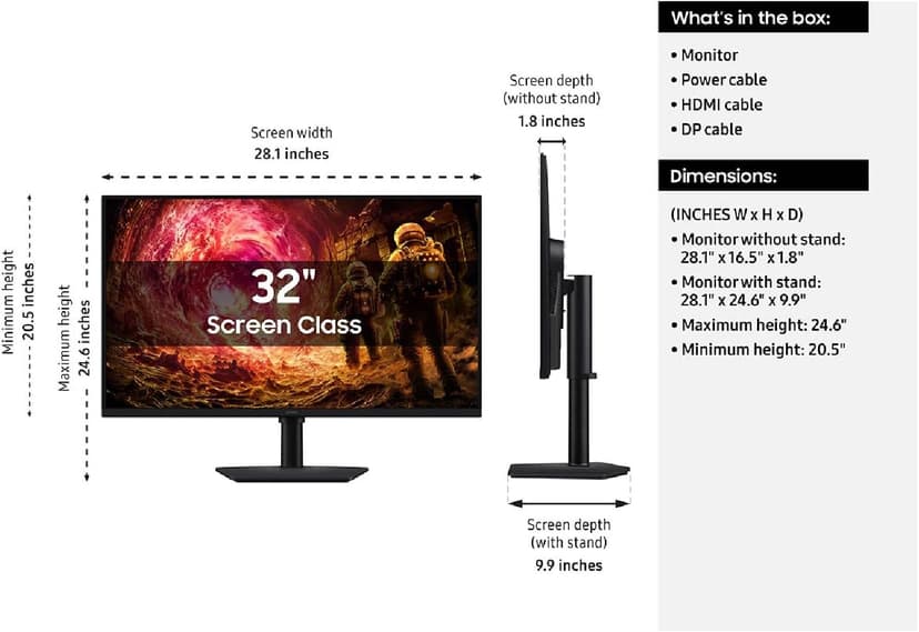 Samsung 32” Odyssey G5 G50F QHD Resolution Gaming Monitor, 180Hz Refresh Rate, Fast IPS Panel, HDR10, NVIDIA G-Sync Compatible, 1ms Response Time (GtG), AMD FreeSync™, Adjustable Stand, LS32FG502ENXZA