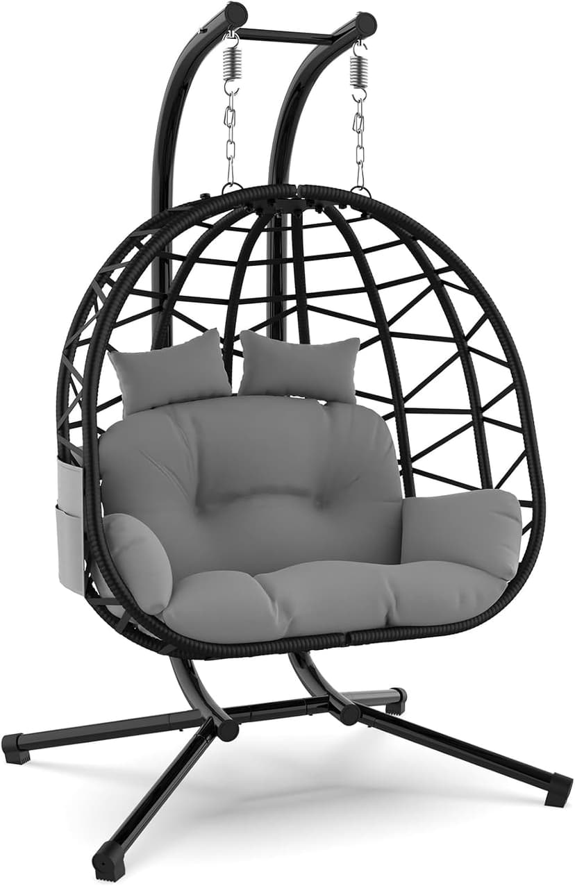 Suteck Double Hanging Egg Chair with Stand, Outdoor Indoor 2 Person Wicker Egg Swing Chair with Cushion, 700lbs Capacity for Patio, Bedroom, Garden - Black