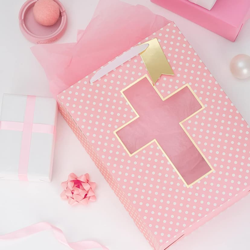 Loveinside Pink Gift Bag with Cross Design, Tissue Paper for Baby Girl Baptisms, Christenings, First Communions Religious Occasion- 10" x 5" x 13", 1 Pcs