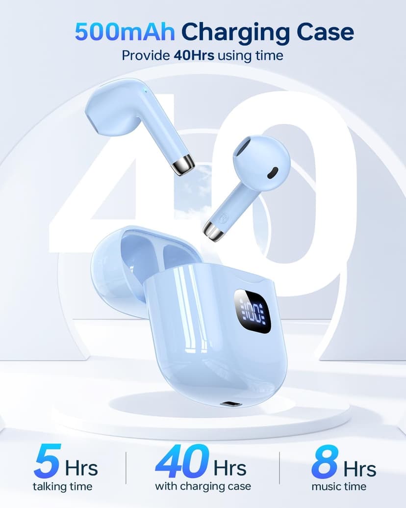 KTGEE Wireless Earbuds Bluetooth 5.3 Headphones, 40Hrs Playback Stereo Ear Buds with LED Display Charging Case IPX7 Waterproof in-Ear Earphones with Mic for Phone Tablet Laptop Sports, Blue