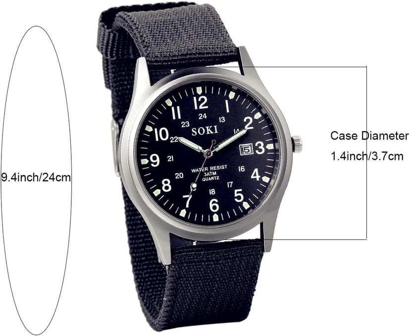 Lancardo Simplicity Analog Quartz Watch with Woven Nylon Band Luminous Hand Military Time 24H (Black) for Men