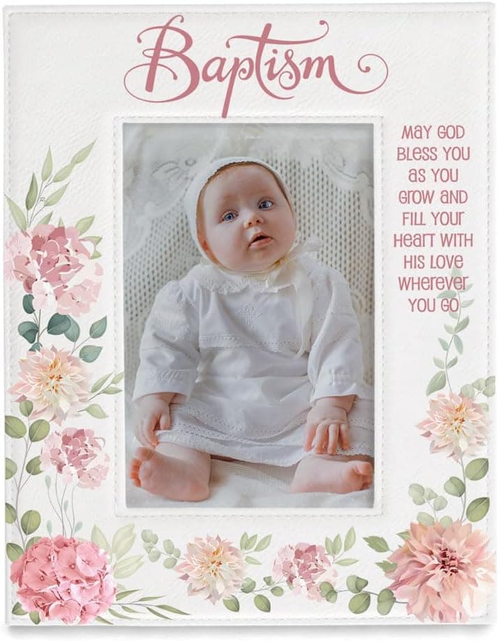 KATE POSH Baptism Picture Frame for Girl, Pink Flowers Decor, Christening, Religisous Gift, From Godparents, New Baby (4x6-Vertical)