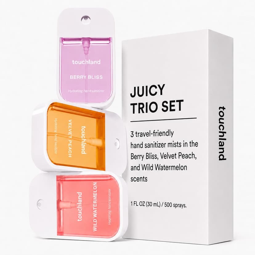TSA ready Power Mist with skincare benefits. Velvet Peach, Berry Bliss and Wild Watermelon. Touchland Juicy Trio Hydrating Hand Sanitizer Spray Set Travel Size B09YT2H35S
