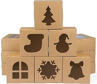 12 PCS Christmas Cookie Boxes, 6×6×3 Inches Treat Boxes Tin, Small Pastry Boxes with Window, for Gift Giving Packaging Dessert Bakery Cupcake Baked Goods (Brown)