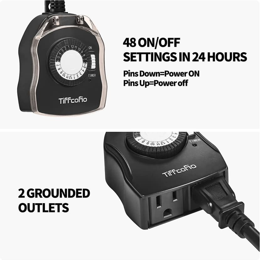 TiFFCOFiO Outdoor Timer Outlet, 24 Hour Mechanical Outdoor Timer for Pool Pump, Outdoor Light Timer Waterproof, 2 Grounded Outlets for Home and Garden, 15A 1/2HP, Heavy Duty, CSA Listed (1 Pack)