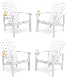 THOEOE Stackable Adirondack Chair Set of 4, HDPE All-Weather Adirondack Chairs - Durable and Space Saving, Plastic Outdoor Fire Pit Chairs with Cup Holder,White
