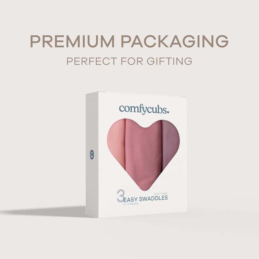 Comfy Cubs Easy Swaddle Blanket, 3 Pack - 100% Cotton Newborn Wrap, Small for 0-3 Months Infants, with Adjustable Velcro, Breathable and Durable Sleep Sack for Babies - Blush, Mauve & Mulberry
