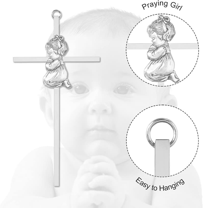 Baby Wall Cross Baptism Gifts for Girl, 7-inch Silver Praying Girls Baptism Crosses for First Holy Communion Christening and Dedication Baptismal Gifts from Godparents