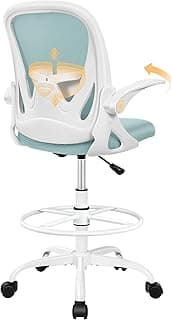 Primy Drafting Chair Tall Office Chair with Flip-up Armrests Executive Ergonomic Computer Standing Desk Chair with Lumbar Support and Adjustable Footrest Ring(Light Blue)