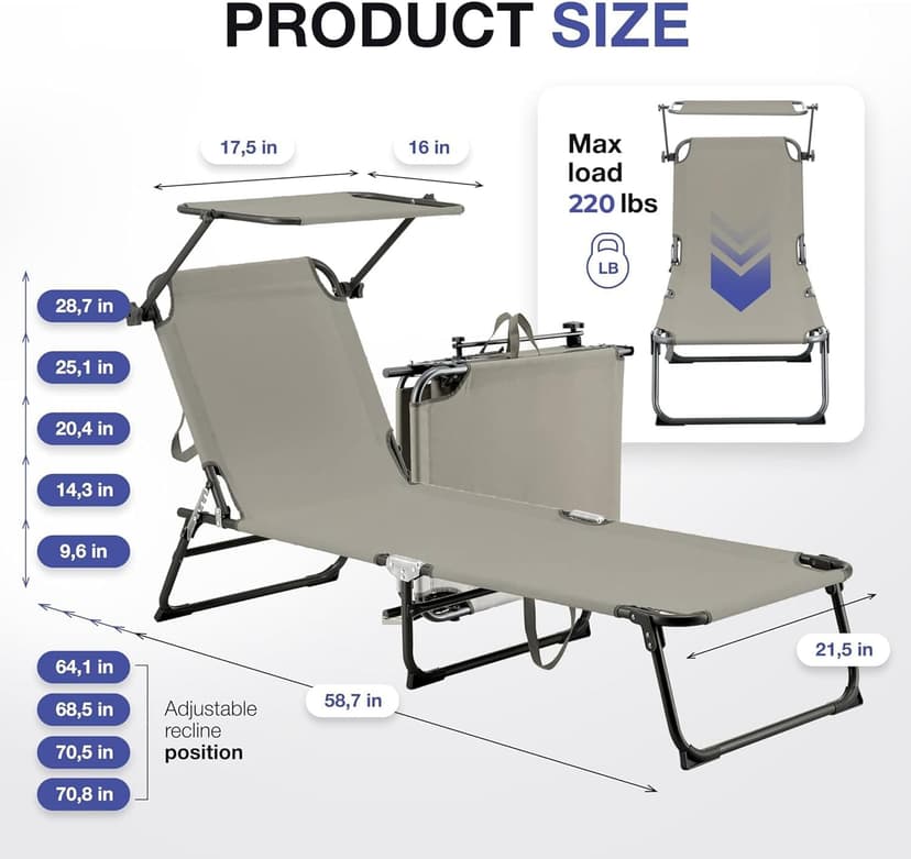 ComfySure Folding Outdoor Lounge Chair Set of 2 with Adjustable Shade Canopy, Portable Sun Tanning Chairs, Gray (1, Taupe)