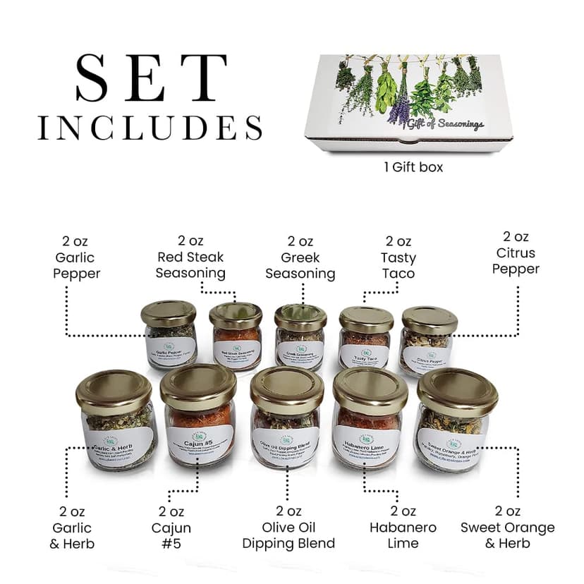 C&J Farms Texas Gourmet Artisan Seasonings Gift of Seasonings Gift Set- 10 Pc. Variety Sampler Box- Natural Herbs, Spices, and Salts for Kitchen Rack