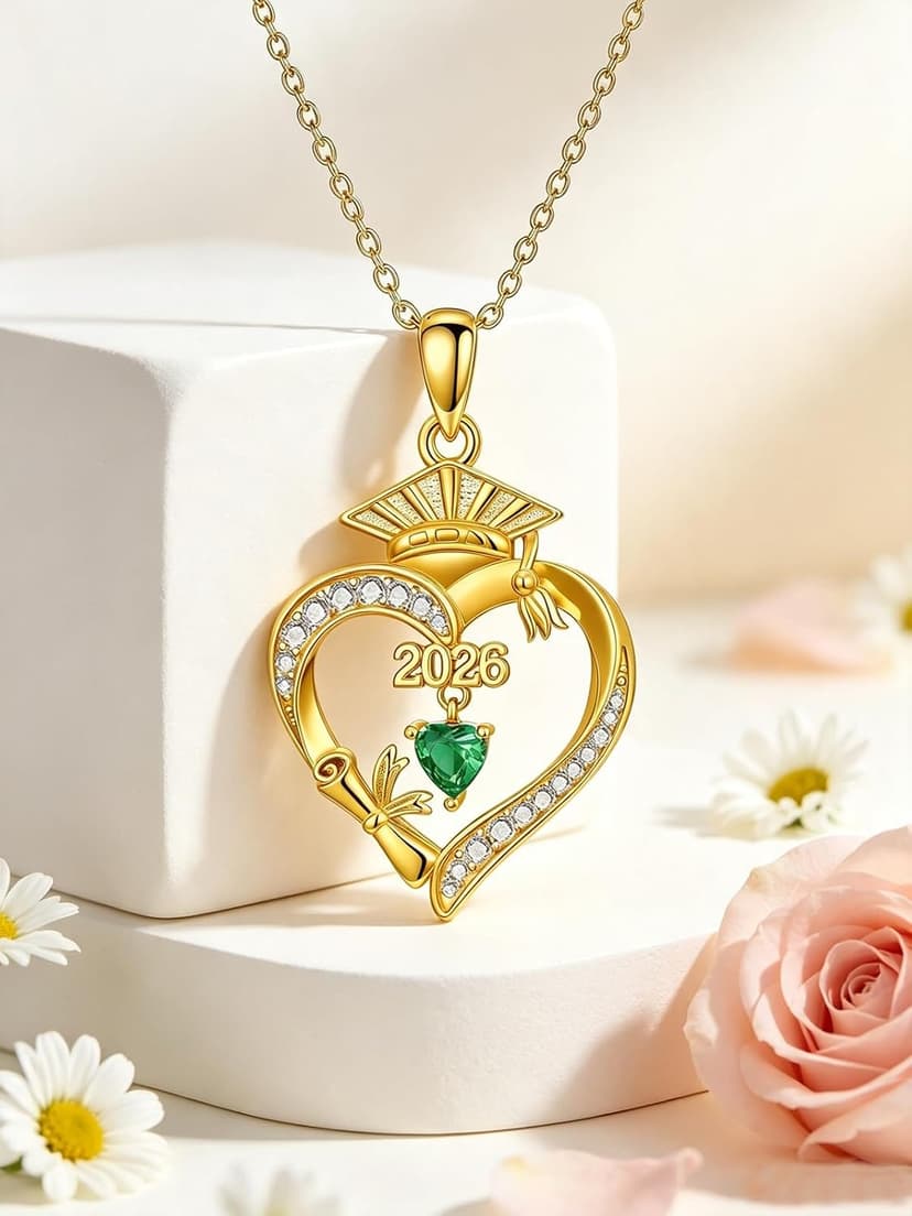 Graduation Gifts for Women Her, 18K Gold Heart Birthstone Necklace, Inspiring Grad Pendant College Seniors High School Graduations Jewelry Gifts B0H98Q1TH9