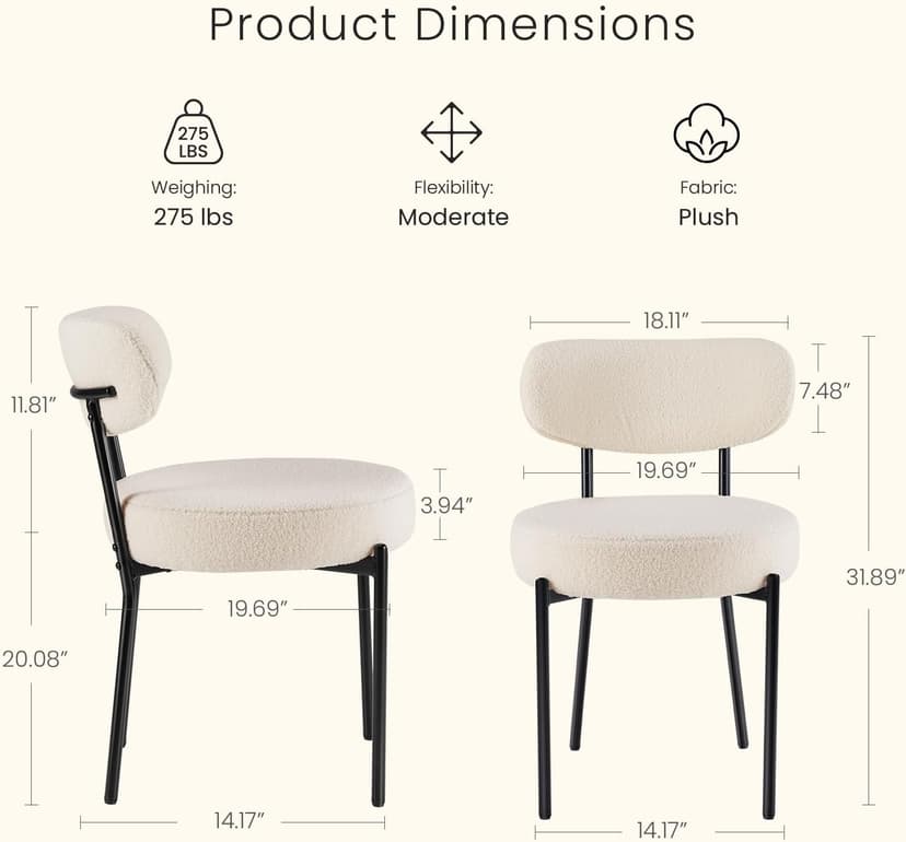 DUMOS Dining Chairs Set of 4, Mid Century Modern Chair Round Upholstered Curved Backrest, Kitchen Vanity Living Room Chairs with Black Metal Legs,Light Beige
