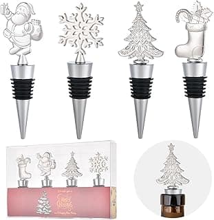 4PCS Christmas Wine Bottle Stoppers, Alloy Xmas Wine Bottle Stoppers for Keeping Wine Fresh,Wine Accessories Gift for Hostess Christmas Bottle Corkers,Winter Decor Bottle Stopper Holiday Party Supplie