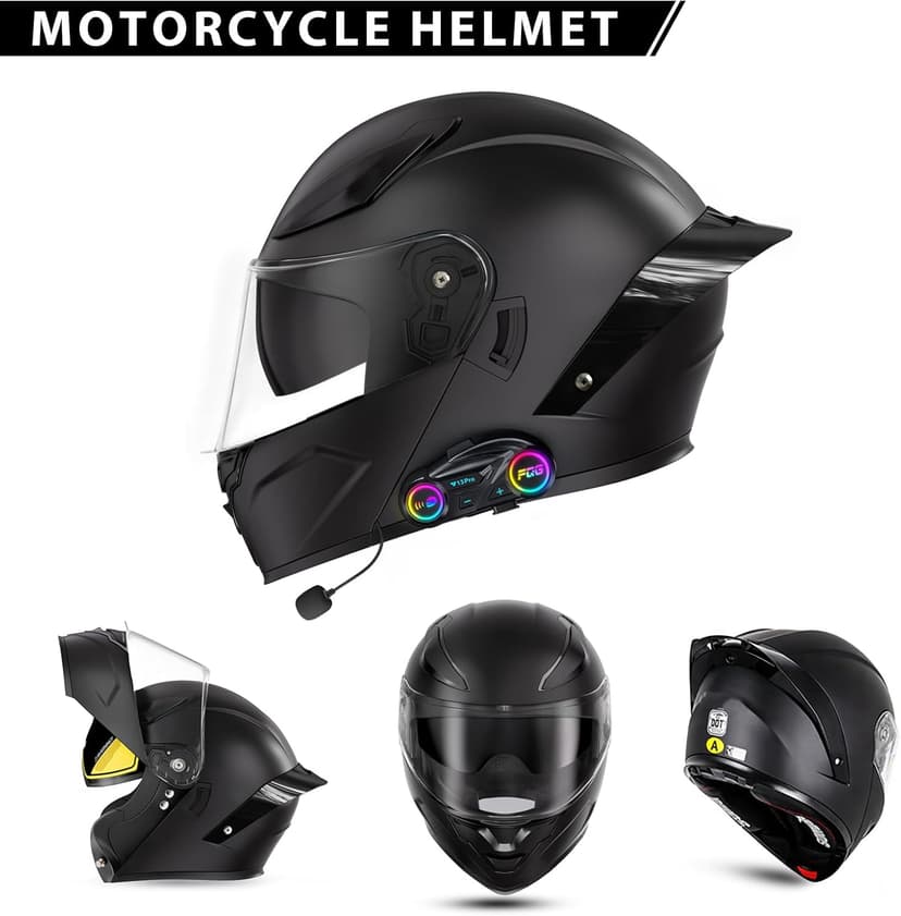 Bluetooth Motorcycle Helmet, Full Face Flip Up Modular Motorcycle Helmet with Bluetooth intercom headsets, DOT Approved Dual Visor Helmets