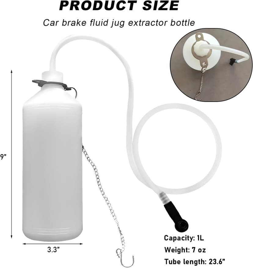 KVAEY 1L Brake Bleeder Bottle, Automotive Brake Pressure Bleeder Bottle with 24 Inch Tube Rubber Connector Steel Chain, One Person Plastic Brake Fluid Bottle for Car ATV Motorcycle