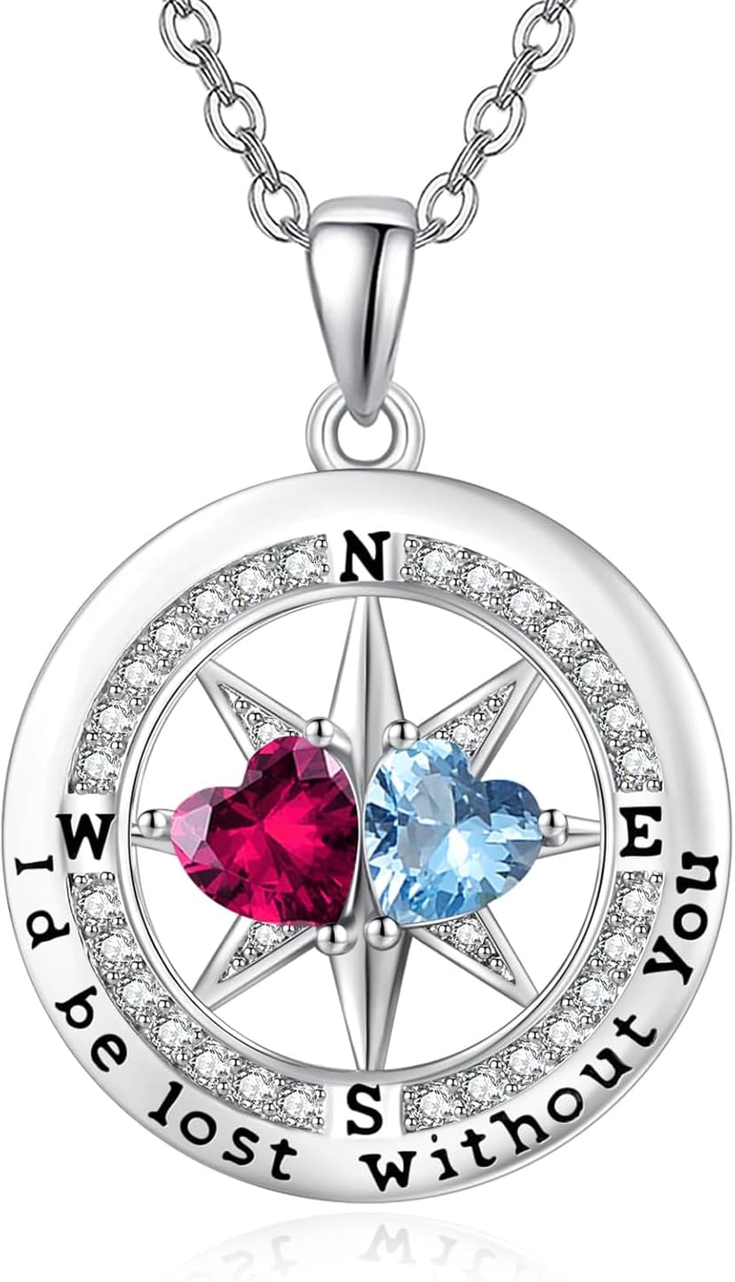 Exquisite Silver Double Birthstone Necklace Jewelry ‘I'd be Lost Without You’ Compass Birthstones Necklace Anniversary Birthday Gift for Wife Her B0GRGDWLWL