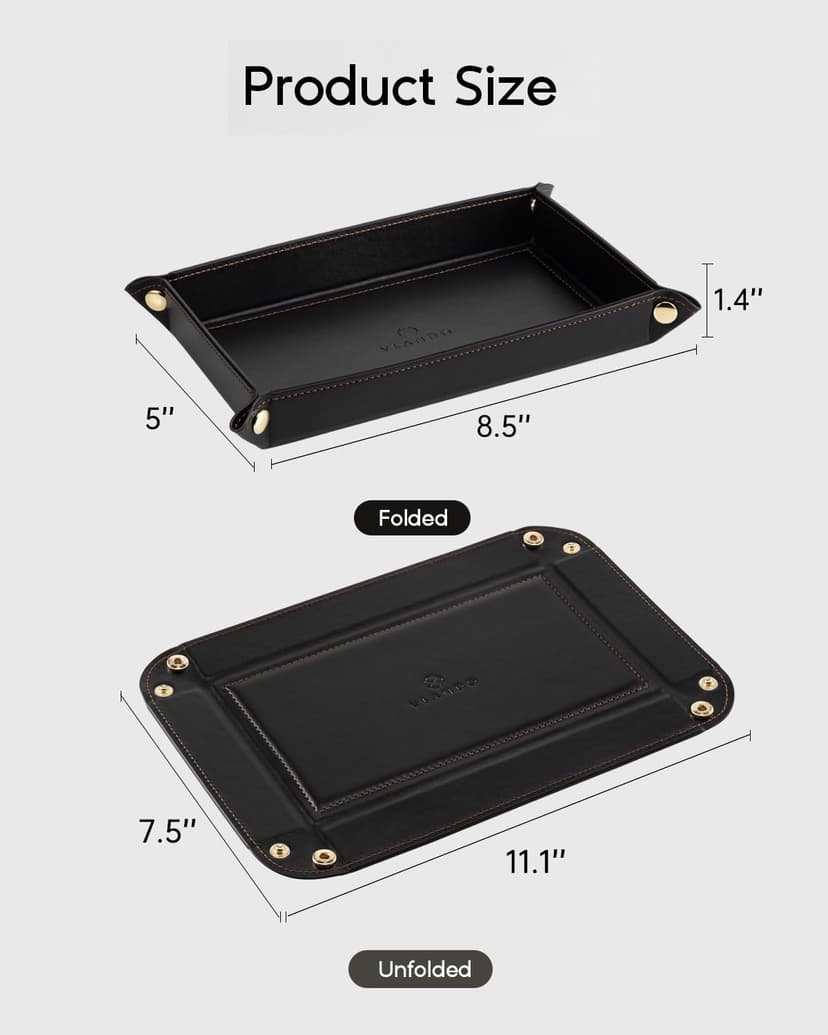 Travel Valet Tray for Keys, Wallet, Watch, Phone and Glasses, Nightstand Dresser Desk Entryway Organizer for Men and Women VLANDO Valet Tray for Men, Foldable PU Leather Catchall Tray, Black B0H5VHQ9Q9