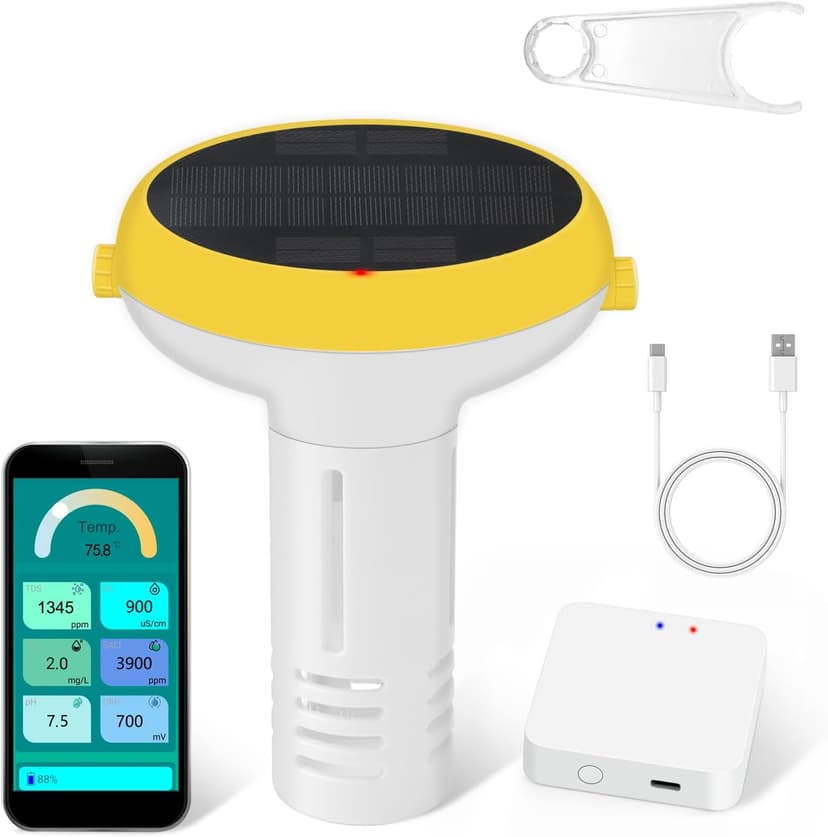 Smart Pool Monitor with Gateway, Profession Salt Water Pool Testing kit for Swimming Pool, 7 in 1 Chlorine Salinity ORP Monitor for Aquarium Sodium Chloride Swimming Pools Hot Tub Spas