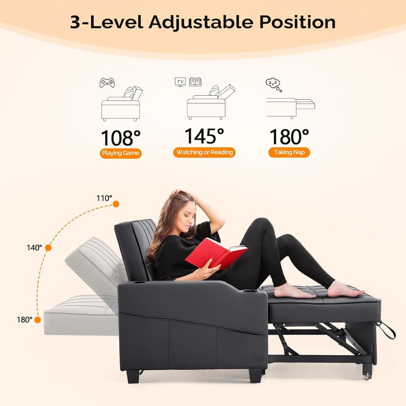 VINGLI Convertible Loveseat Sleeper, Black Faux Leather Futon Sofa Bed Pullout Couch Bed with USB Ports, Cup Holders, Armrest for Living Room, Bedroom, Home Office Apartment