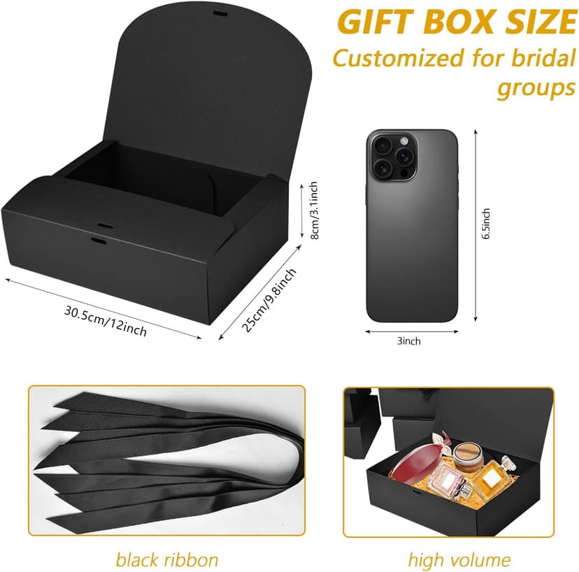 12Pack Black Gift Boxes with Lids, 12×9.8×3.1 Inch Groomsmen Proposal Box, Luxury Black Gift Box with Ribbon for Bridesmaid Box, Graduation, Christmas, Wedding, Birthday, Party