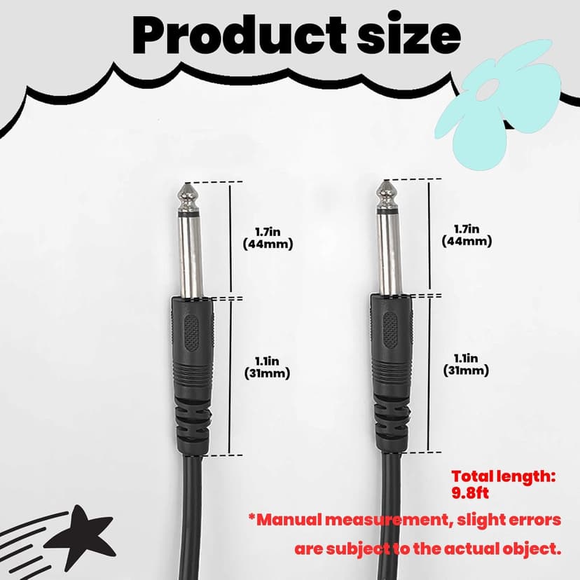 10 ft 6.35mm Guitar Cable - Straight to Straight Instrument Cable, Black Electric Guitar Cord for Electronic Drum, Musical Instrument, Speaker