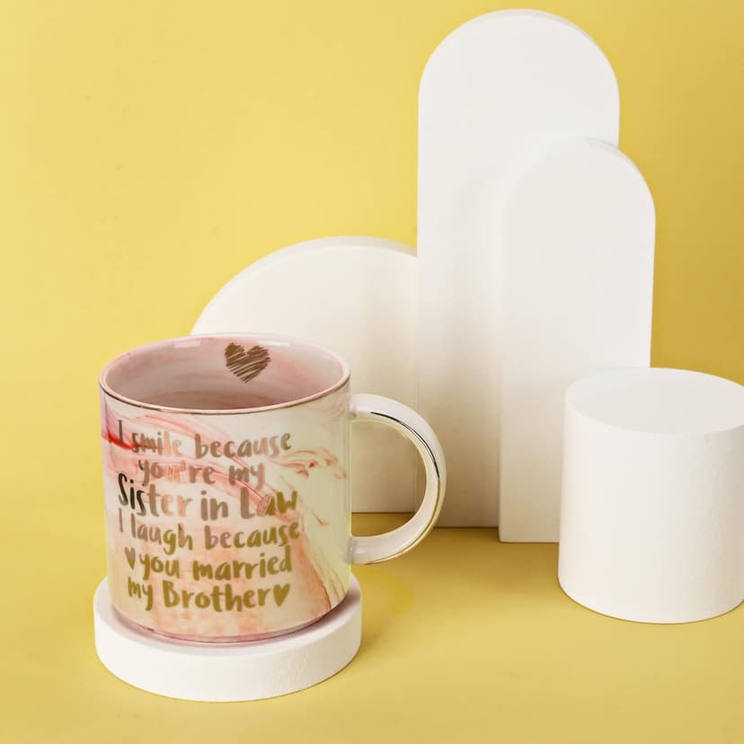 Hendson Sister In Law Gifts for Christmas - Funny Sister In Law Birthday Gift, Sis Engagement, Wedding Gift, New Sis InLaw, SIL To Be, Christmas - I Smile Because - Pink Marble Mug, 11.5oz Coffee Cup