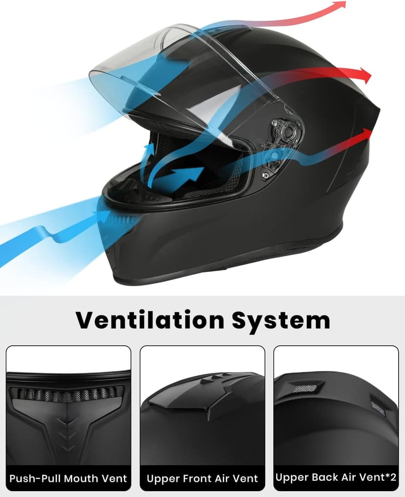 Favoto Full Face Motorcycle Helmet DOT Approved, Cascos Para Motos Snowmobile Dirt Bike Helmet for Adults Men Women, Anti-Fog Film Included, Black, Medium