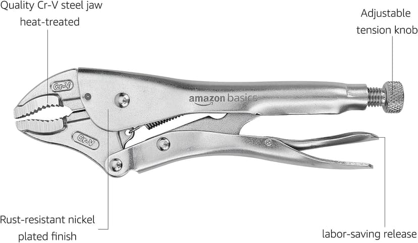 Amazon Basics 5-Piece CR-V Locking Pliers Set with Wire Cutters, 2 Straight Jaw, 3 Curved Jaw, 6.5-10 inch, Silver, Carrying Case