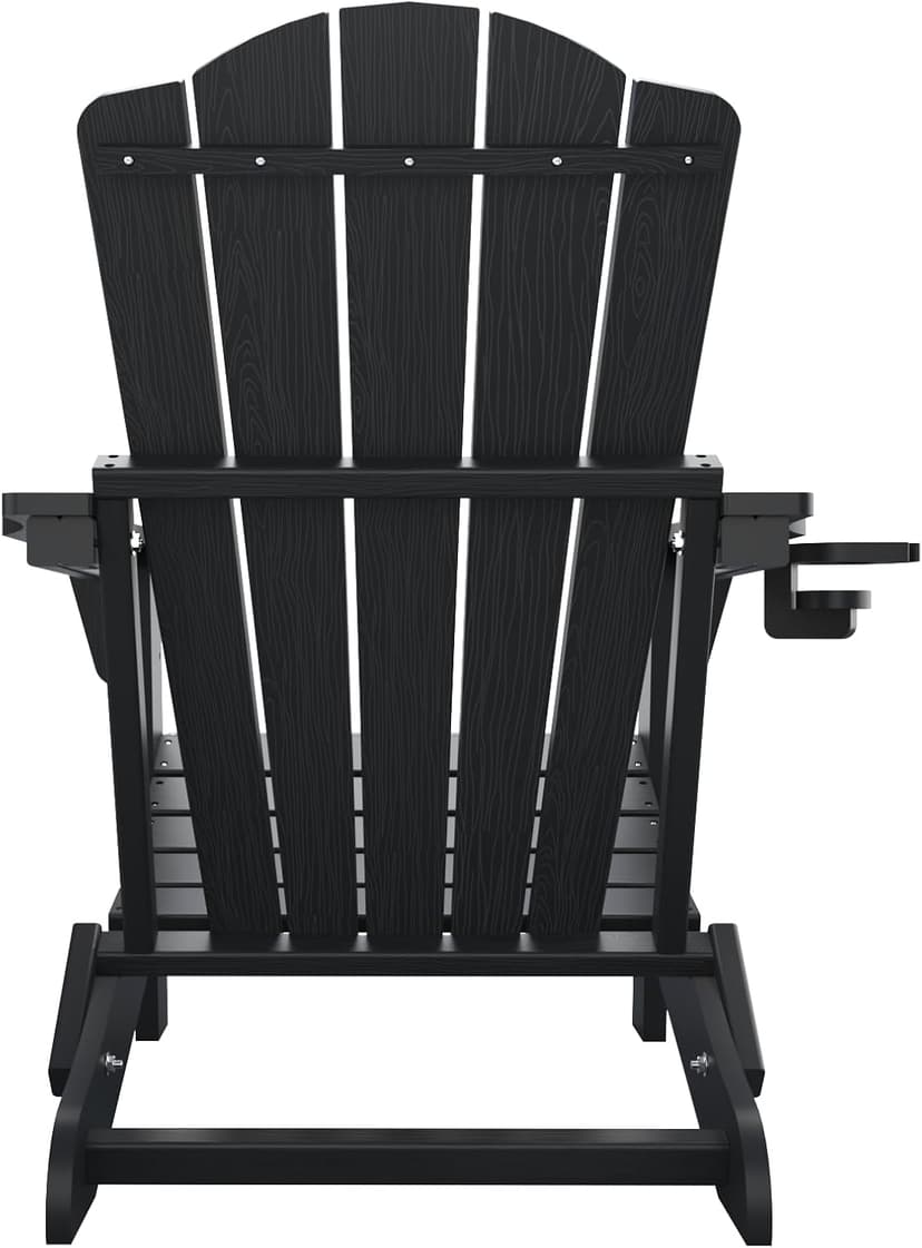 THOEOE Folding Adirondack Chair,HDPE All-Weather Outdoor Chair with Cup Holder,Wooden Textured,Fire Pit Chair,Plastic Patio Chair for Deck,Backyard,Garden,Lawn, Black