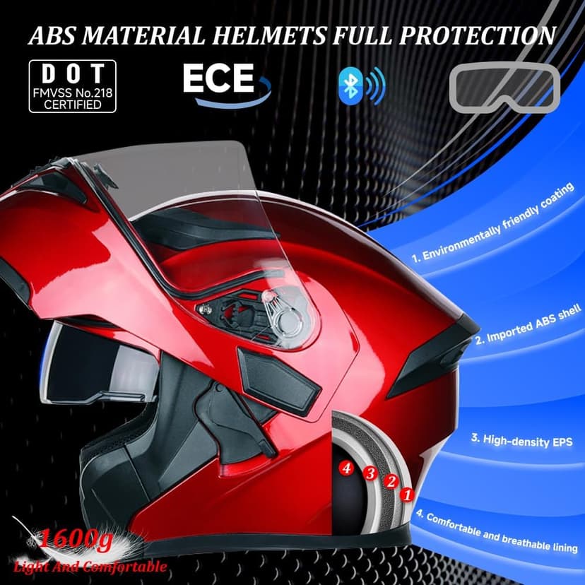 Bluetooth Motorcycle Helmets DOT Approved, Flip-Up Full Face Modular Helmet with Dual Visors, Noise Cancelling Dual Speakers for Adults