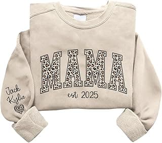 GODMERCH Custom Leopard Mama Sweatshirt With Kid Name On Sleeve, Personalized Mom Sweatshirts, Mama Est 2025 Sweatshirt, Personalized Gifts for Mom Grandma, Christmas Shirts