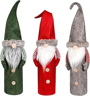 D-FantiX Christmas Gnomes Wine Bottle Cover, Handmade Swedish Tomte Gnomes Wine Toppers Santa Claus Bottle Bags with Drawstring Style Holiday Home Christmas Decorations Gift 3 Pack